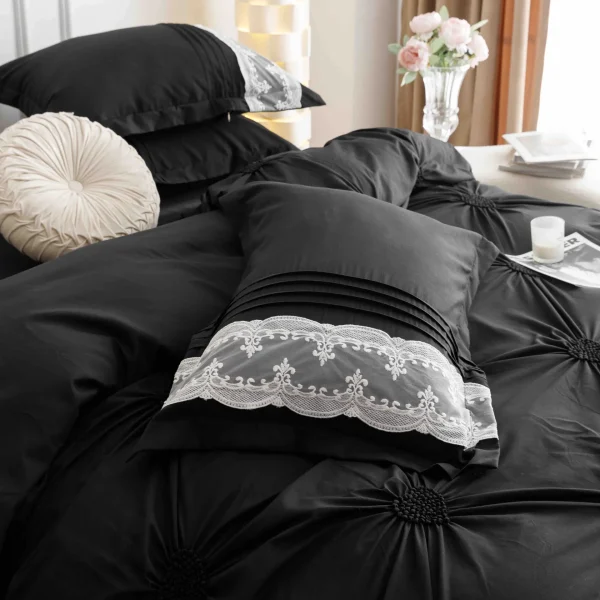 Lenjerie dublă finet cu broderie Deluxe 6 piese Negru JLFIBN