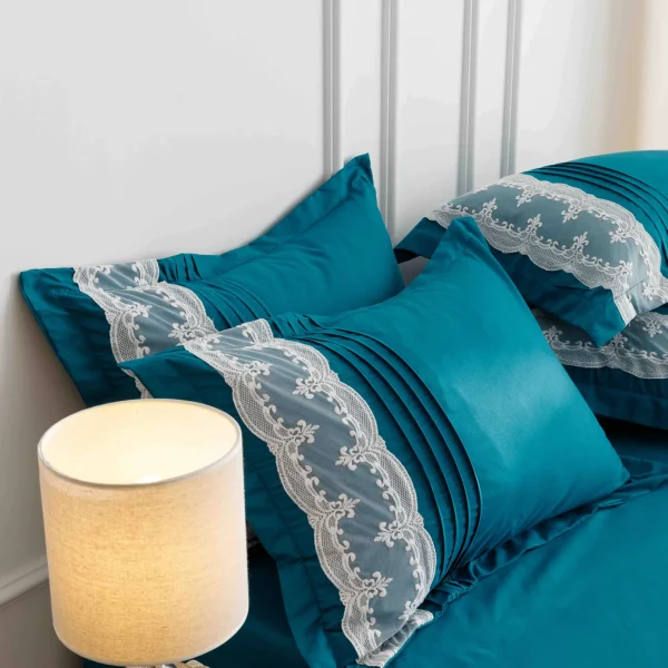 Lenjerie dublă finet cu broderie Deluxe 6 piese Albastru JLFIBA