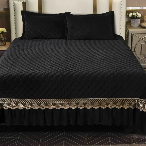 Set Cuvertura catifea 230x250cm 3 piese cu broderie Negru + 2 fete perna