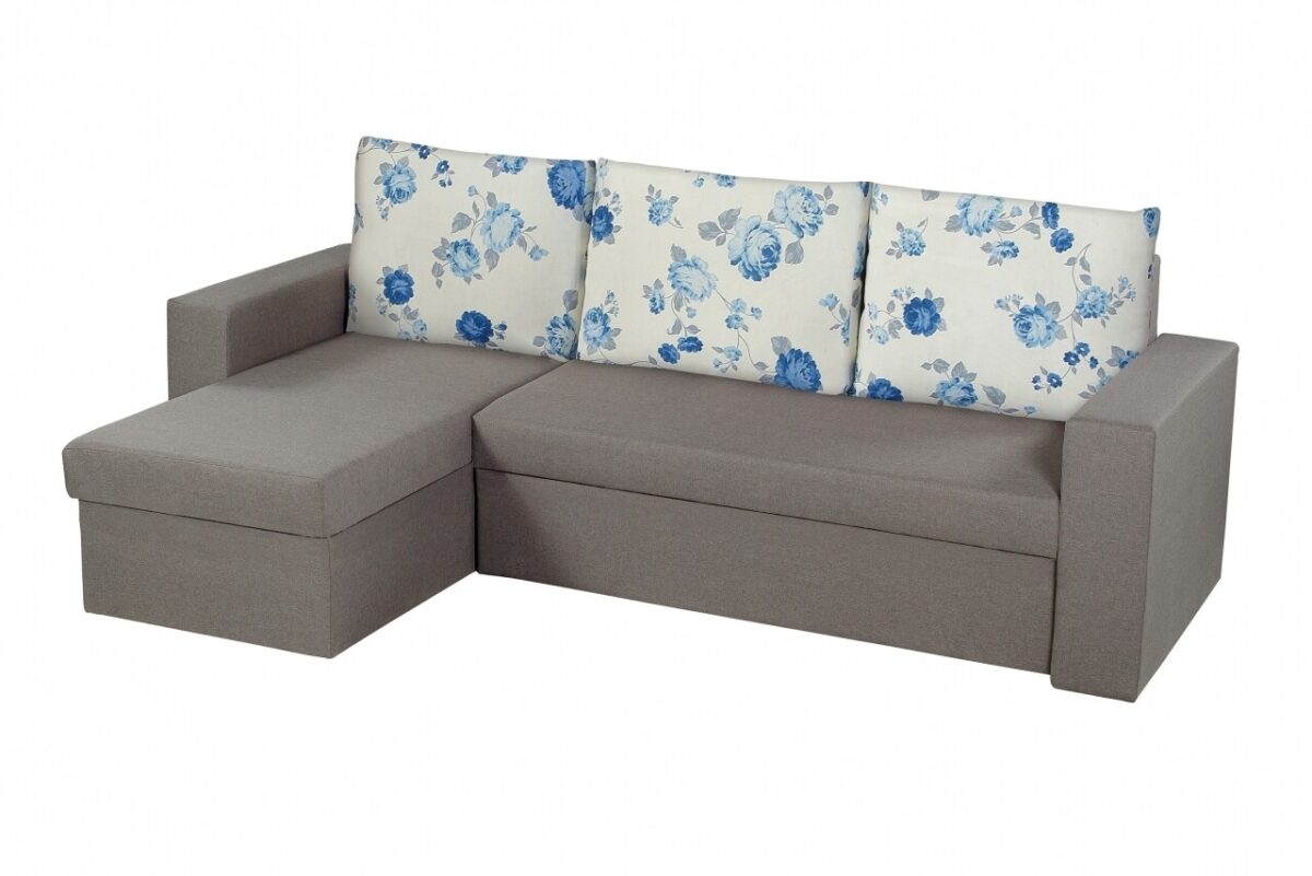 Coltar extensibil reversibil Oslo Grey Blue Anemone, cu lada de depozitare, 247x148x78 cm