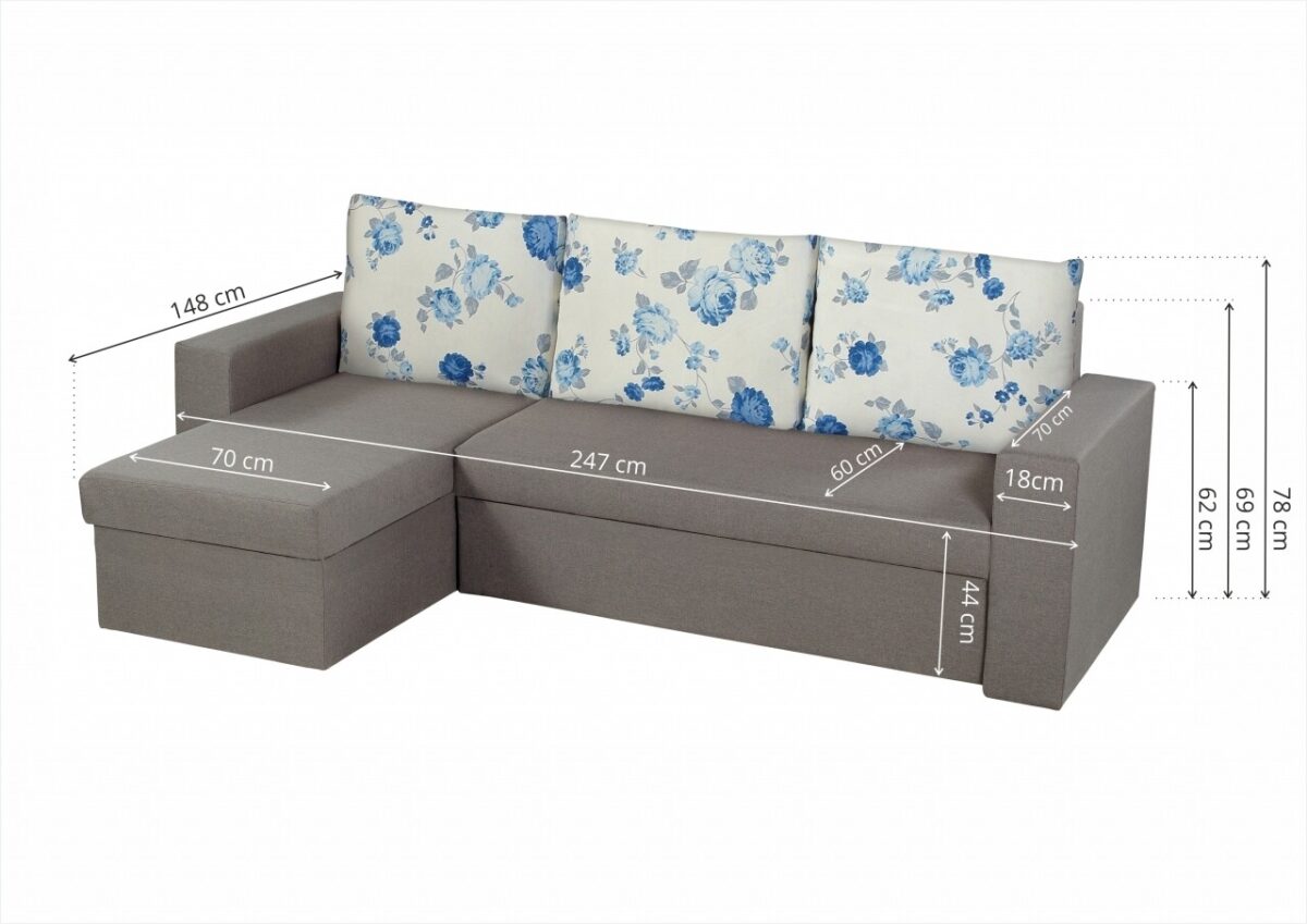 Coltar extensibil reversibil Oslo Grey Blue Anemone, cu lada de depozitare, 247x148x78 cm