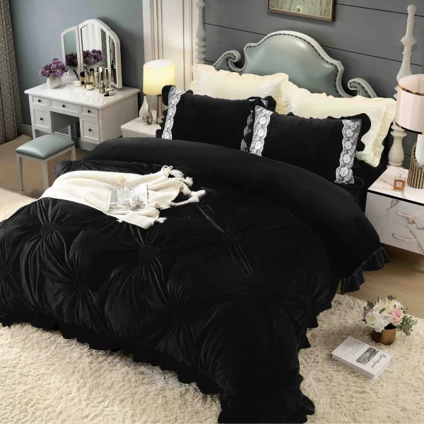 Lenjerie dublă din catifea cu broderie Deluxe Negru JLCD-Negru