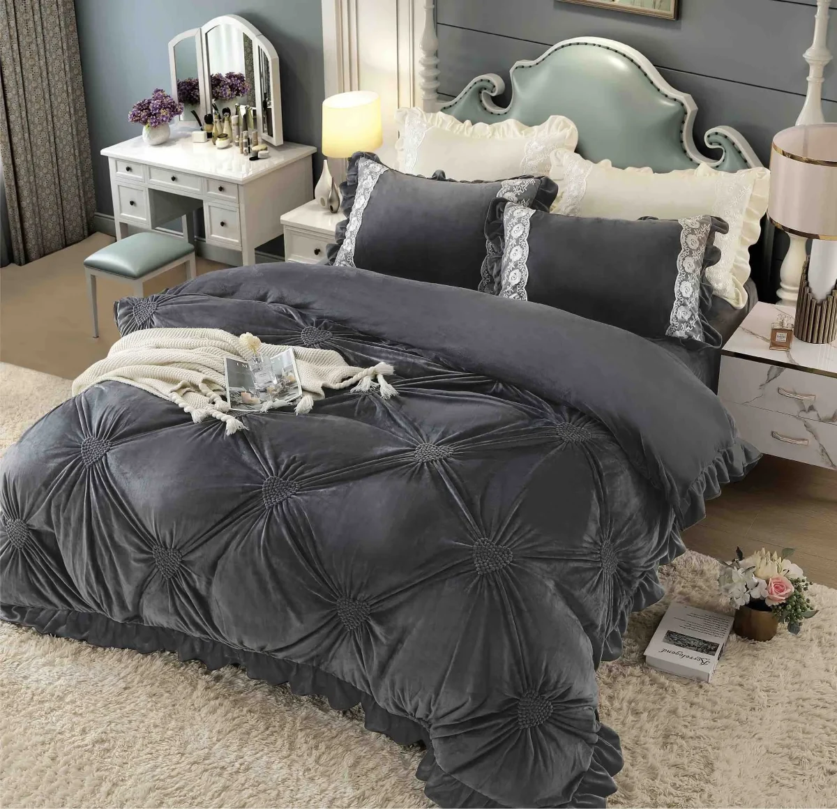 Lenjerie dublă din catifea cu broderie Deluxe Gri inchis JLCD-Gri2