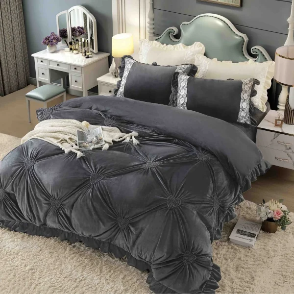 Lenjerie dublă din catifea cu broderie Deluxe Gri inchis JLCD-Gri2
