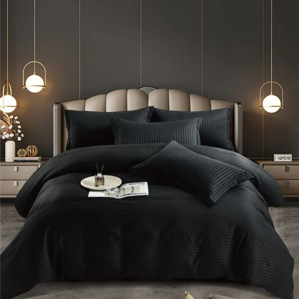 Lenjerie king size cu elastic Damasc Finet 6 piese Negru
