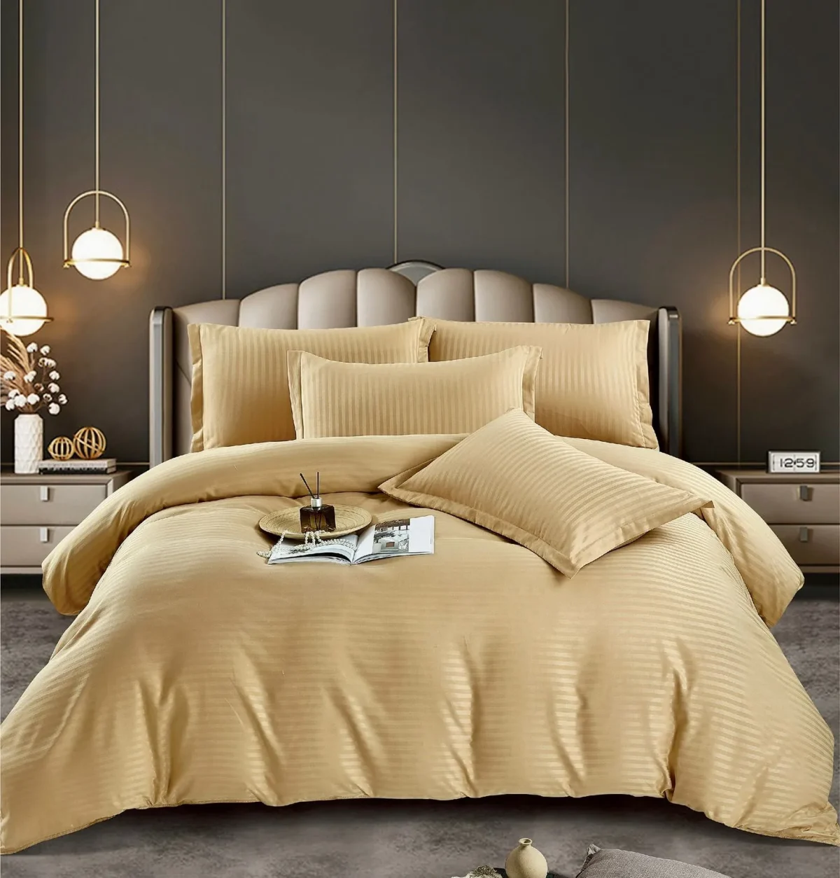 Lenjerie king size cu elastic Damasc Finet 6 piese Cappuccino