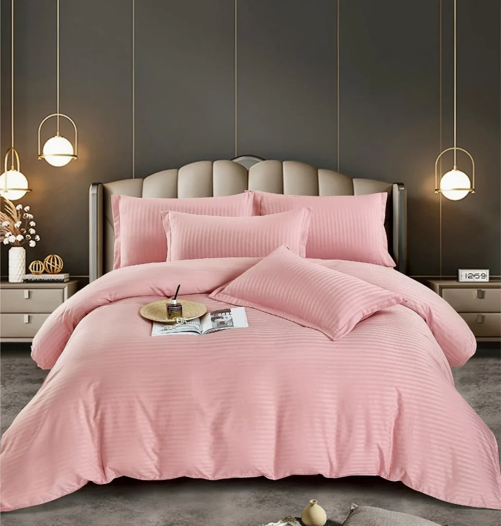 Reduceri de Vara 2025 Lenjerie king size cu elastic Damasc Finet 6 piese Roz