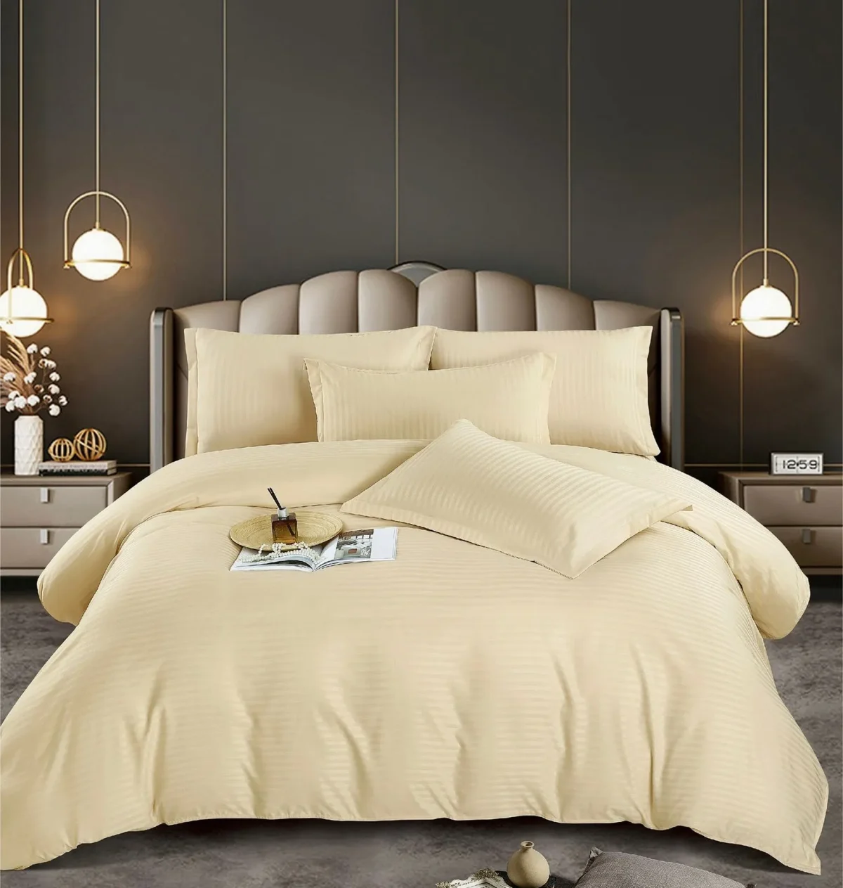 Lenjerie king size cu elastic Damasc Finet 6 piese Crem