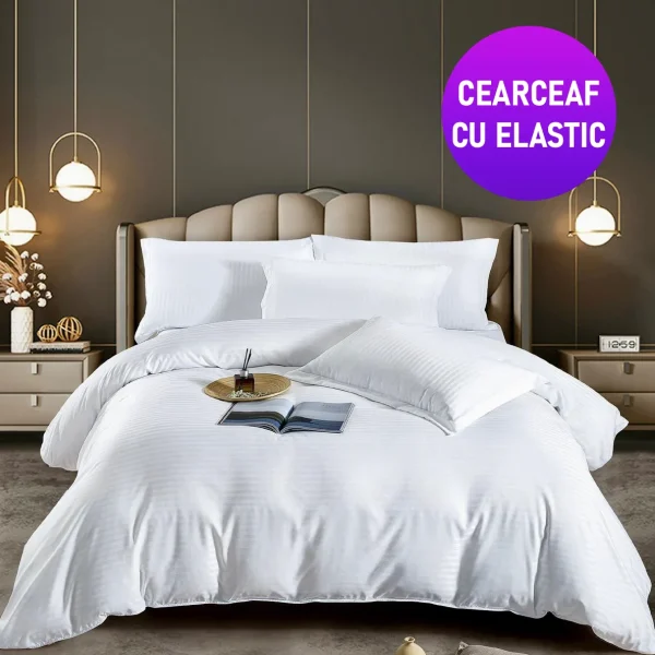 Lenjerie king size cu elastic Damasc Finet 6 piese Alb