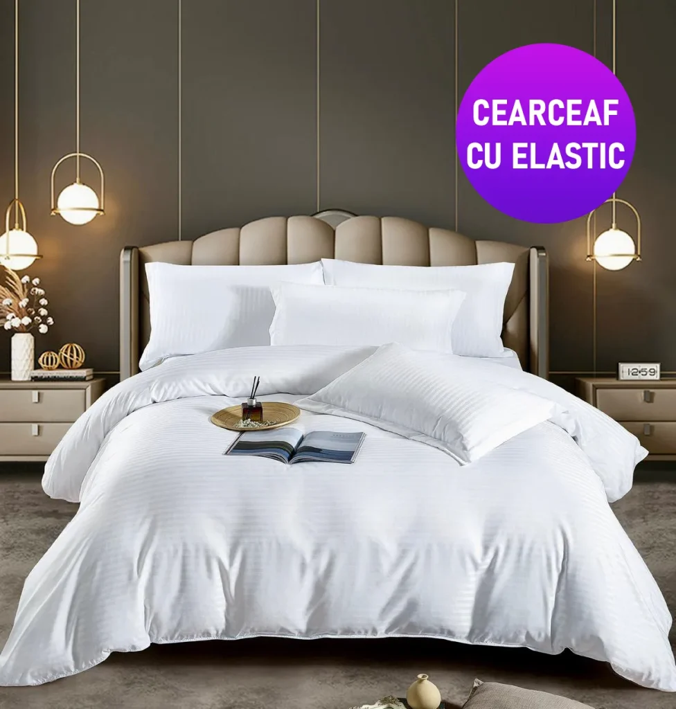 Reduceri de Vara 2025 Lenjerie king size cu elastic Damasc Finet 6 piese Alb