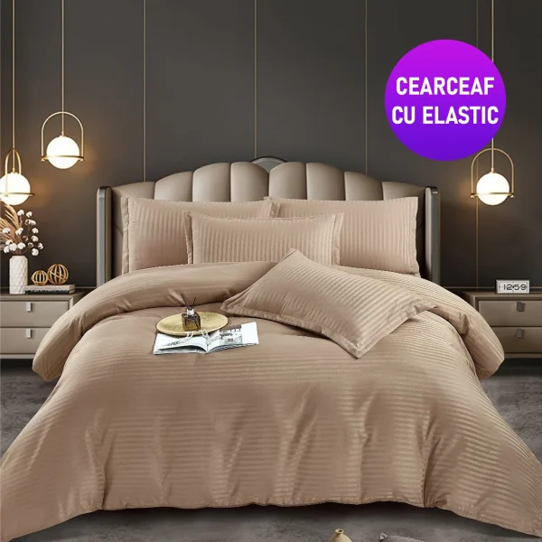 Lenjerie king size cu elastic Damasc Finet 6 piese Bej