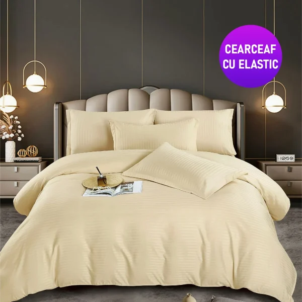 Lenjerie king size cu elastic Damasc Finet 6 piese Crem