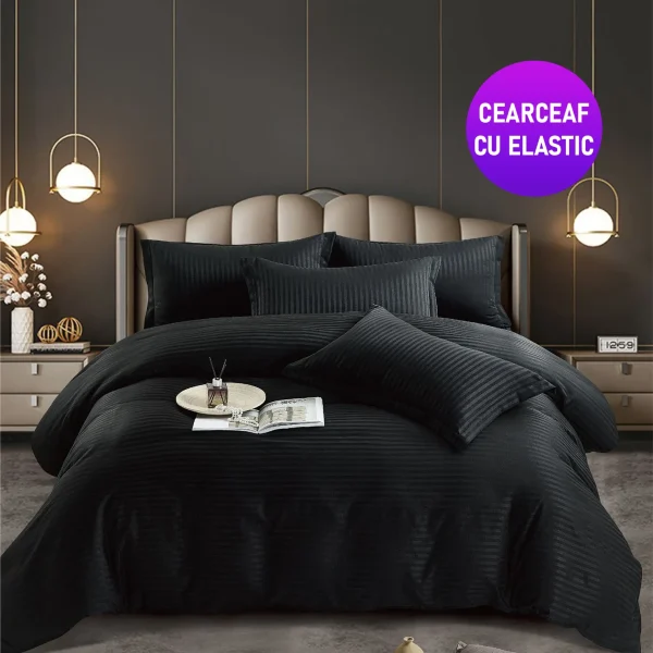 Lenjerie king size cu elastic Damasc Finet 6 piese Negru