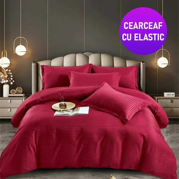 Lenjerie king size cu elastic Damasc Finet 6 piese Rosu