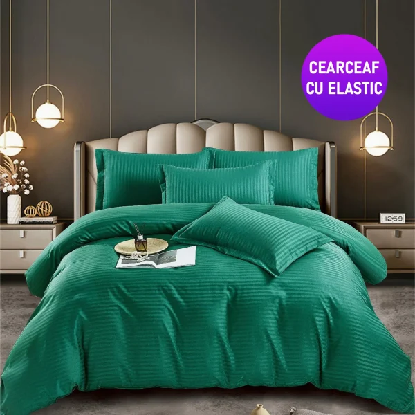 Lenjerie king size cu elastic Damasc Finet 6 piese Verde