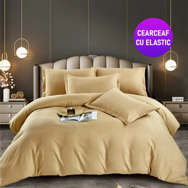 Lenjerie king size cu elastic Damasc Finet 6 piese Cappuccino