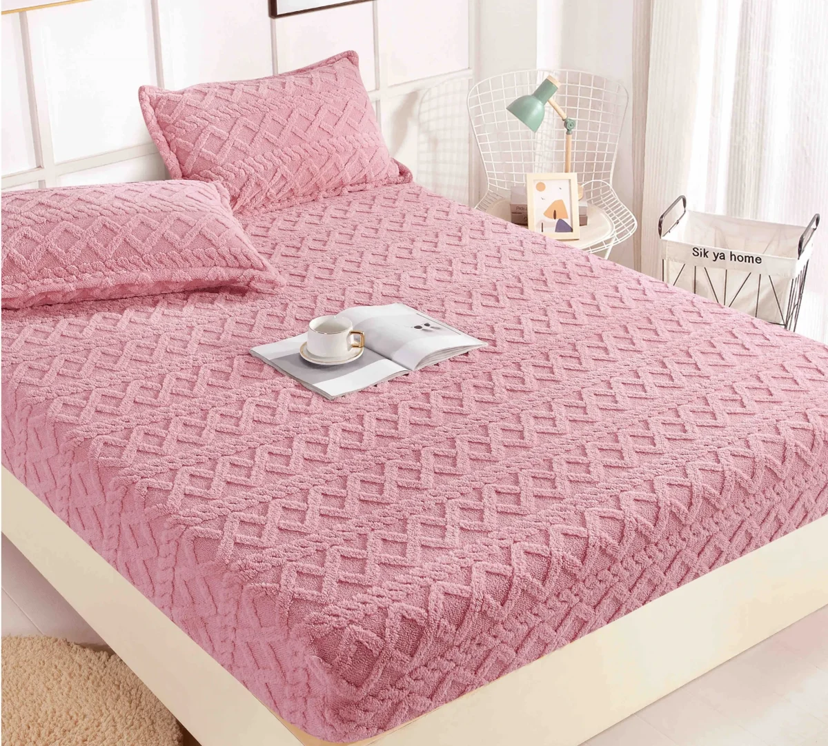 Husa pat cu elastic 180x200 Cocolino Tricot + 2 fete perna HCT-Roz