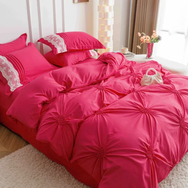 Lenjerie dublă finet cu broderie Deluxe 6 piese Roz