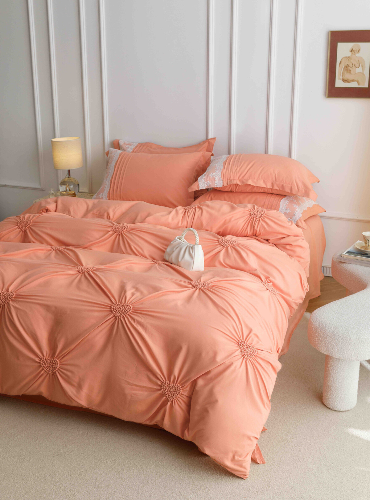 Lenjerie dublă finet cu broderie Deluxe 6 piese Orange