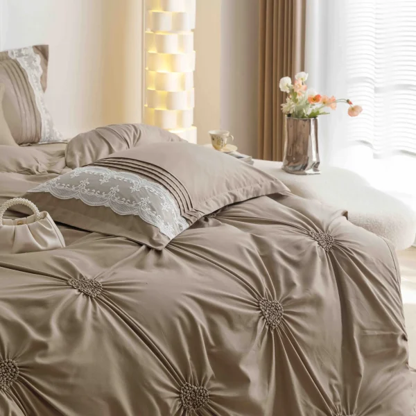 Lenjerie dublă finet cu broderie Deluxe 6 piese Bej
