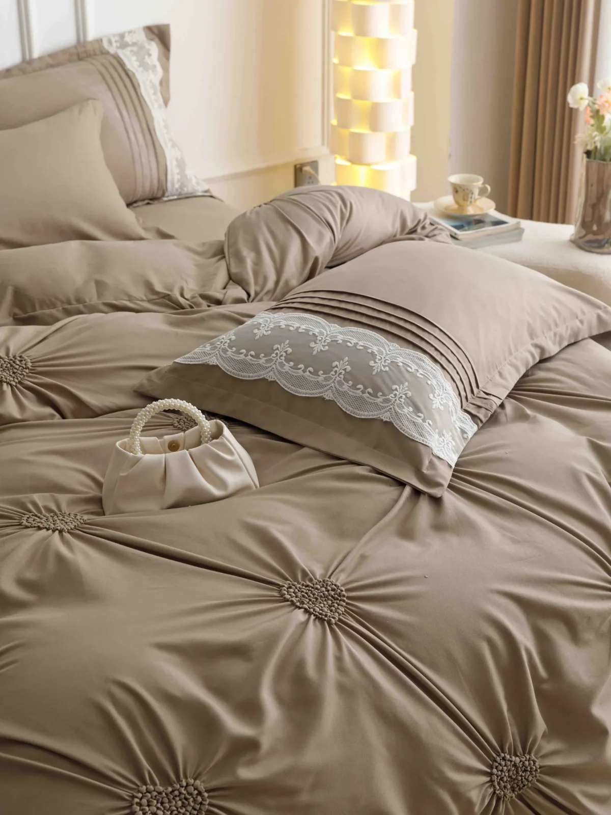 Lenjerie dublă finet cu broderie Deluxe 6 piese Bej