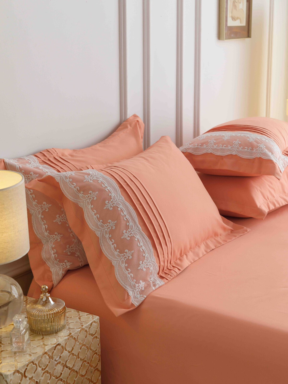 Lenjerie dublă finet cu broderie Deluxe 6 piese Orange