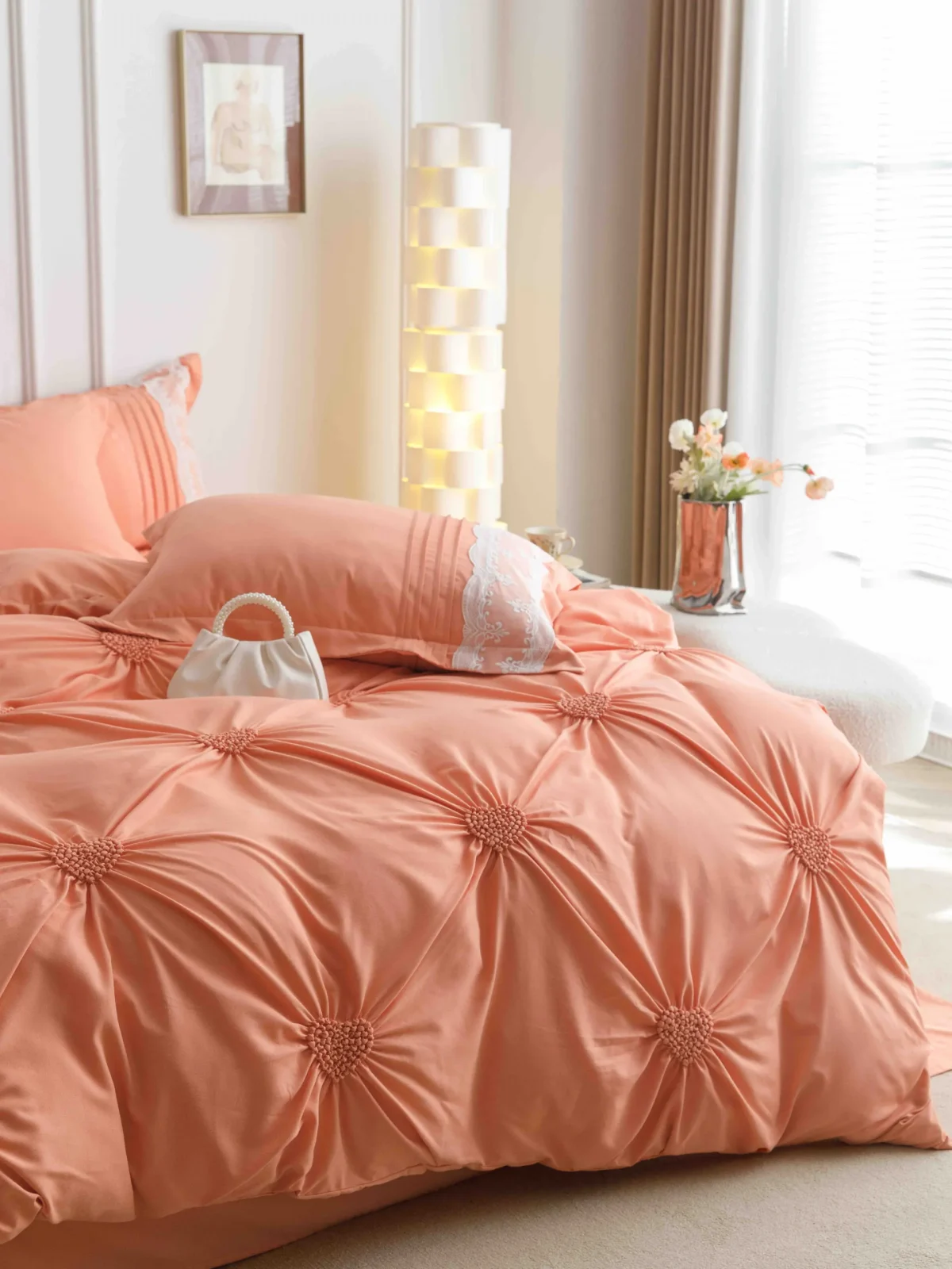 Lenjerie dublă finet cu broderie Deluxe 6 piese Orange