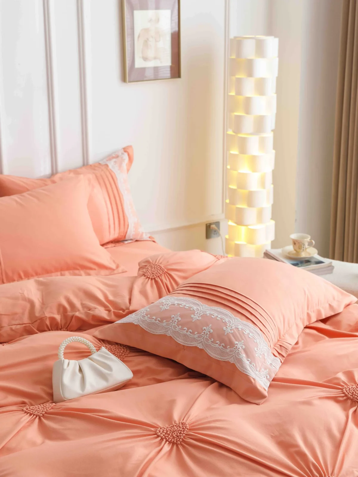 Lenjerie dublă finet cu broderie Deluxe 6 piese Orange