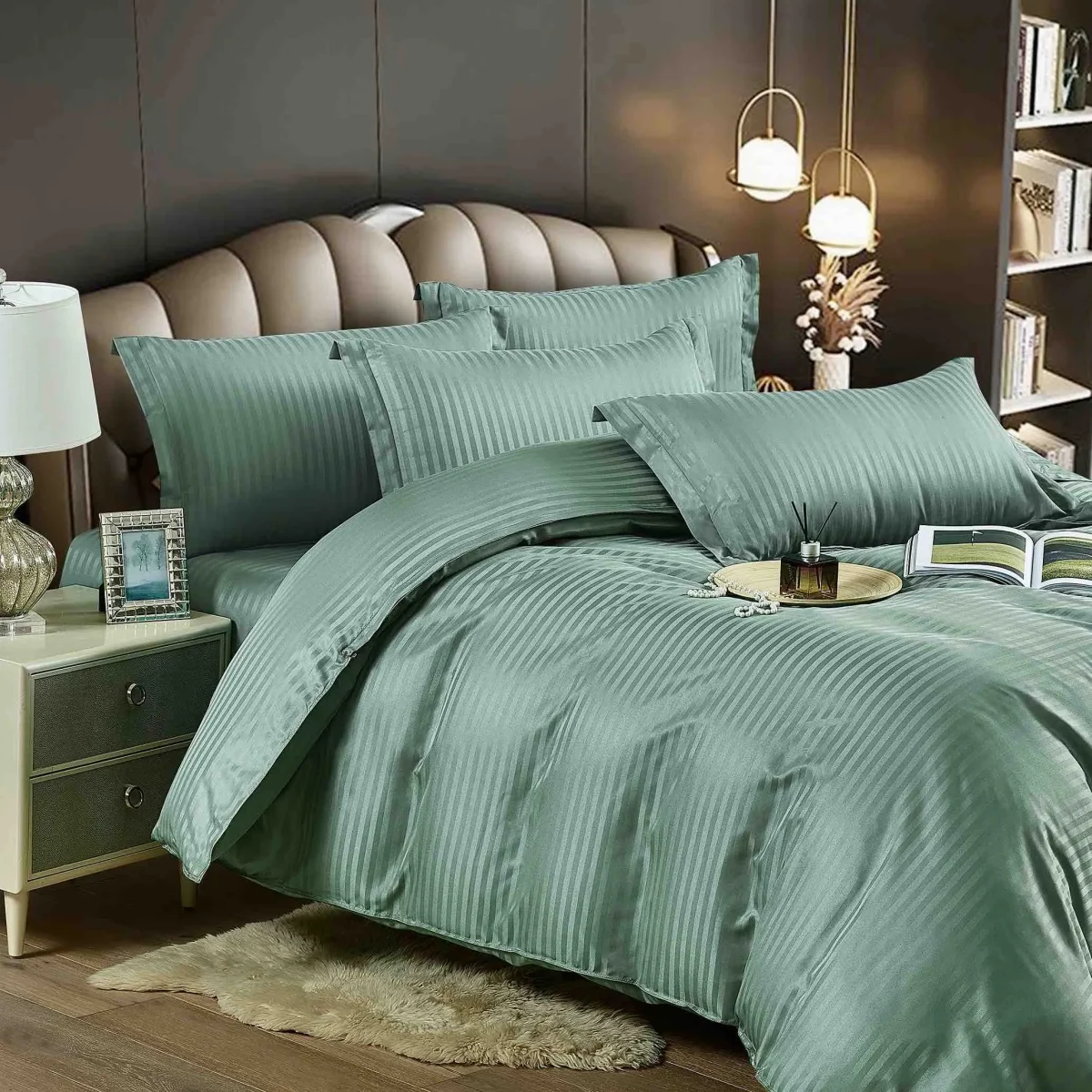 Lenjerie king size cu elastic Damasc Finet 6 piese Verde deschis
