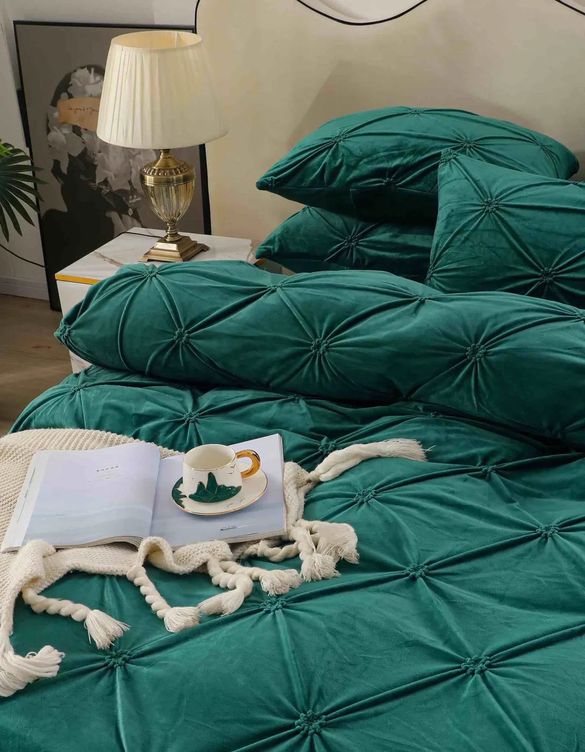 Lenjerie pat dublu din catifea cu pliuri LCP-Verde