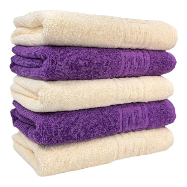 Set 5 Prosoape 50x90 cm Bumbac 550 gr/mp Greek Border Ivoire, Mov