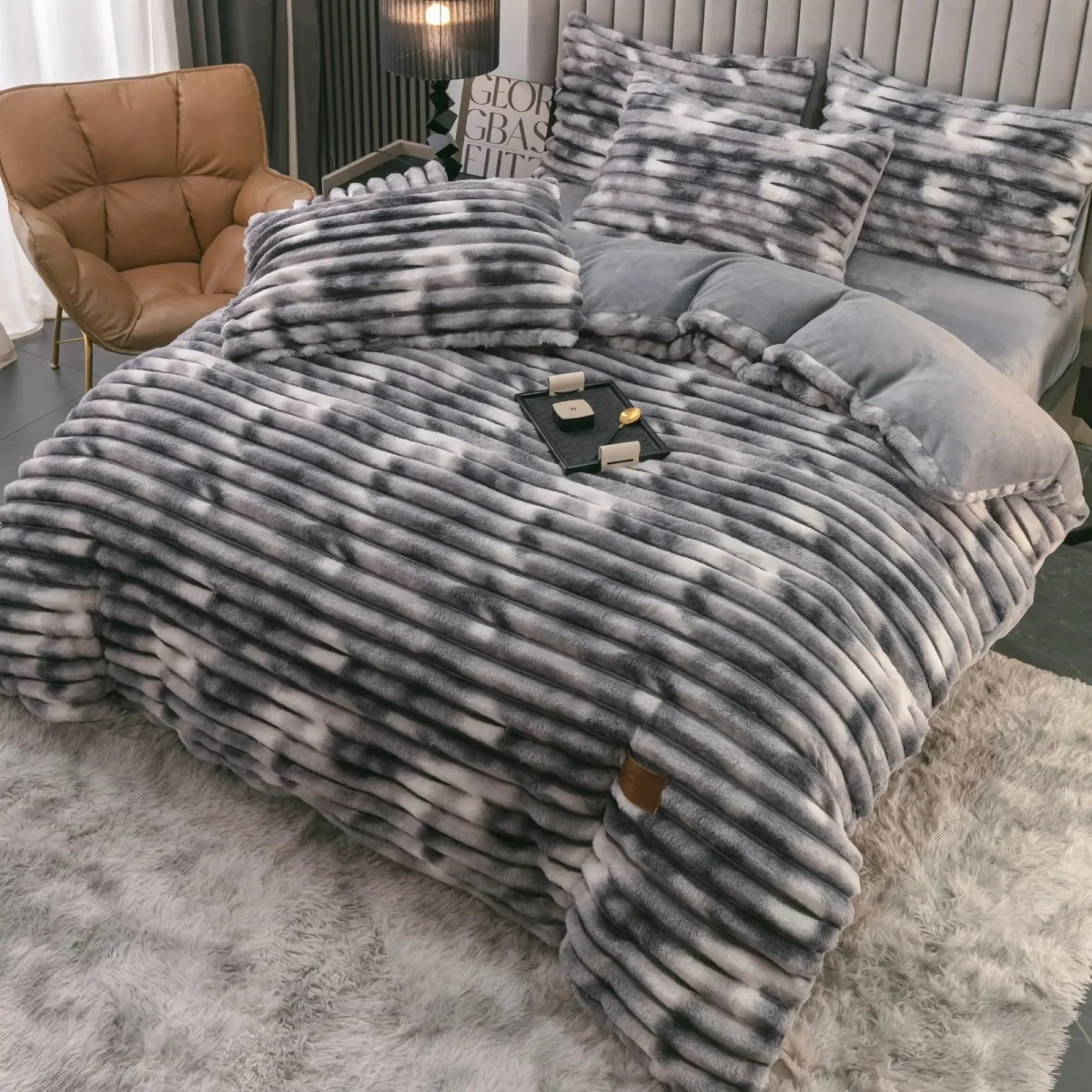 Lenjerie pat dublu cocolino pufoasa 4pcs Alb/Gri