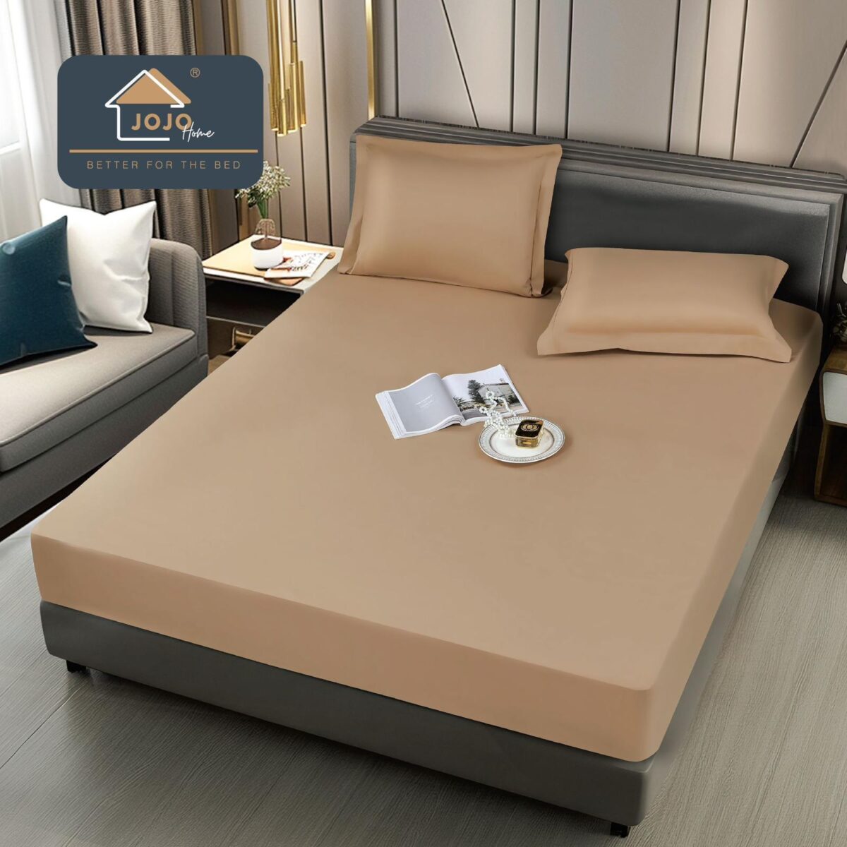 Husa pat impermeabila cu elastic 160x200 + 2 fete perna Cappuccino