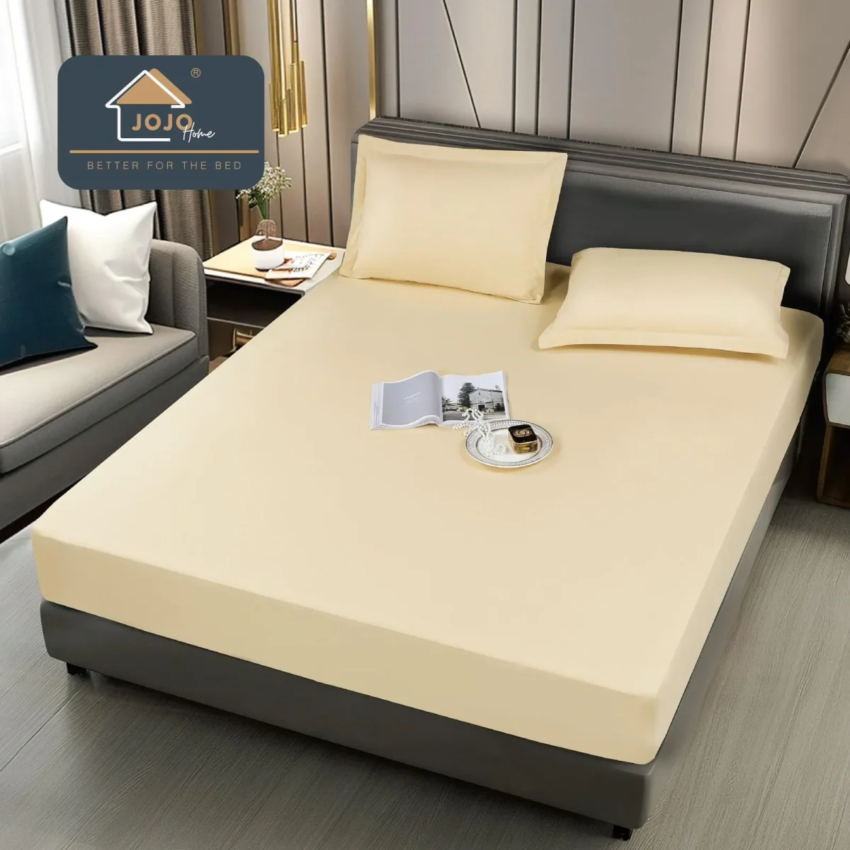 Husa pat impermeabila cu elastic 180x200 + 2 fete perna Crem