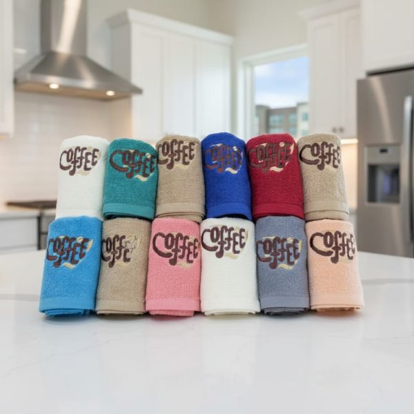 Set 12 prosoape de bucătărie cappuccino brodate, bumbac 100%, 30×50 cm