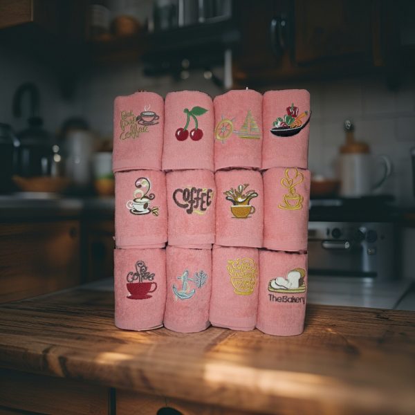 Prosop bucatarie brodat 30 x50 cm - Coral