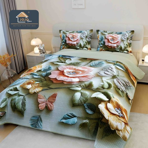 Set Cuvertură de Pat 5D + 2 Fețe de Pernă – 220×240cm-Flori