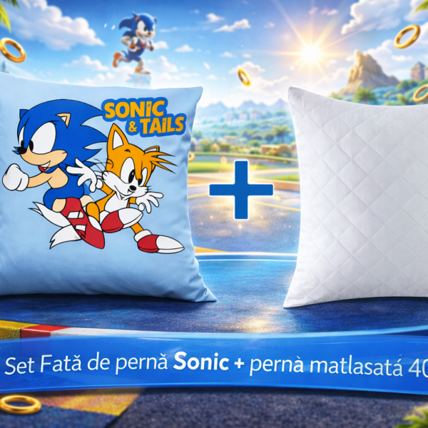 Set fata de perna Sonic Ariciul Tails 40x40 cm Velur + perna matlasata 40x40 cm