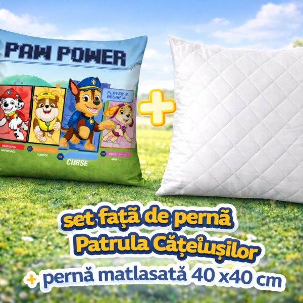 Set fata de perna Patrula Catelusilor 2 40x40 cm Velur + perna matlasata 40x40 cm