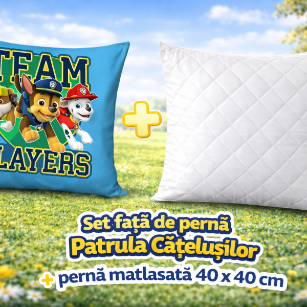 Set fata de perna Patrula Catelusilor 3 40x40 cm Velur + perna matlasata 40x40 cm