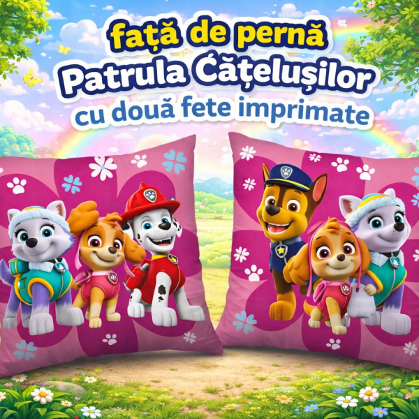Față de pernă Patrula Catelusilor Flowers -40x40 cm Catifea-Roz
