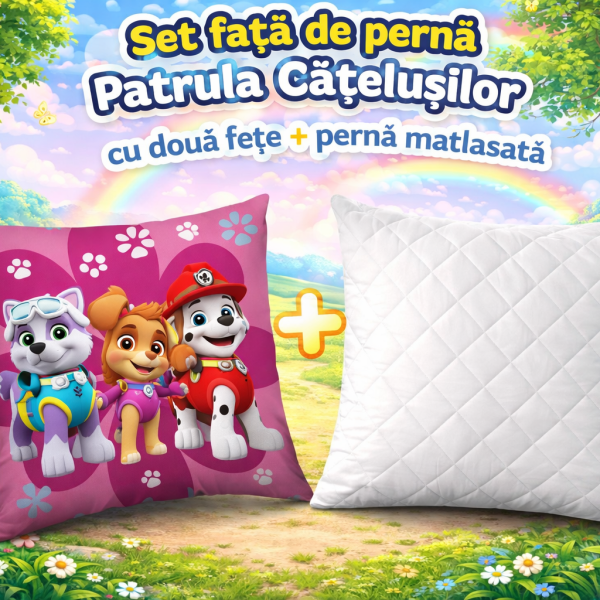 Set Față de pernă Patrula Catelusilor Flowers -licentiata + pernă matlasată 40×40 cm