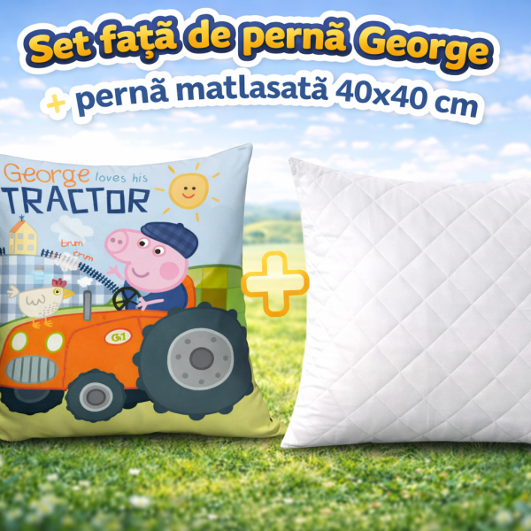 Set fata de perna Peppa Georges Tractor 40x40 cm Velur + perna matlasata 40x40 cm