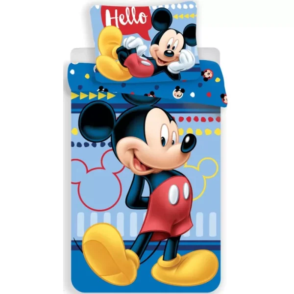 Lenjerie de pat Disney Mickey Hello 140×200 cm + fata perna 70x90cm, 100% Bumbac