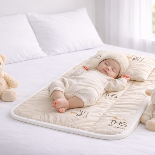 Set Complet Lana Merino CopiiBebeluși Pernă 35x45 cm + Pilotă 80x120 cm + Saltea Înfășat 50x70 cm cremoita