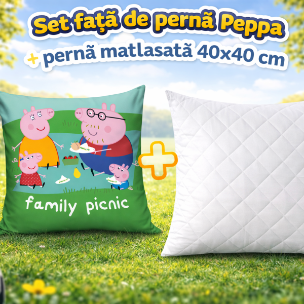 Set fata de perna Peppa Pig Picnic 40x40 cm Catifea + perna matlasata 40x40 cm
