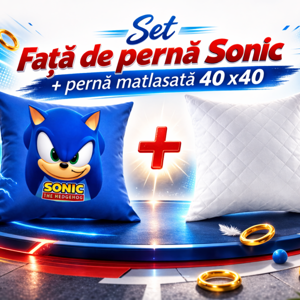 Set fata de perna Sonic Ariciul Blue Blur 40x40 cm Velur + perna matlasata 40x40 cm