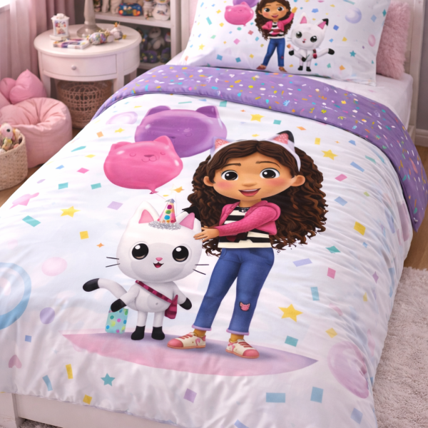 Lenjerie de pat Gabby's Dollhouse Confetti 140x200 cm + fata perna 70x90 cm Bumbac
