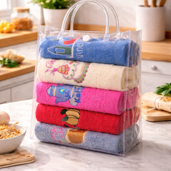 Set 5 prosoape bucatarie brodate 30x50 cm 100% bumbac 450 g/mp multicolore ambalate