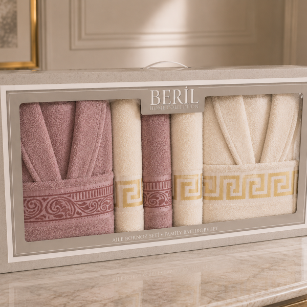 Set cadou premium halate și prosoape din bumbac 100% – 2 halate unisex + 4 prosoape, cutie elegantă cu mâner-SHB-9